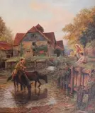 J.H. Parkyn, Figures outside a Watermill, oil on canvas