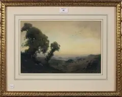 Charles A. Wilkinson, Shepherd in a Landscape at Sunset, watercolour