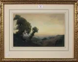 Charles A. Wilkinson, Shepherd in a Landscape at Sunset, watercolour