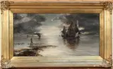 Auguste van Hier, Moonlit Coastal View with Sailing Barges, oil on canvas