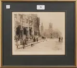 Figures outside Westminster Hospital by William Lionel Wyllie, monochrome etching, sold Dec 2013