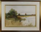 George Oyston, View along a Riverbank towards Sheep grazing in a Field, 1906, watercolour