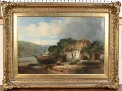 James Vivien De Fleury, Two Figures conversing over the Side of a Boat, outside a Fisherman's Cottage, 1863, oil on canvas
