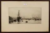 H.M.S. President, Blackfriars Bridge by William Lionel Wyllie, monochrome etching, sold Dec 2013