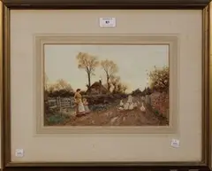 Tom Lloyd, Woman and Child watching Geese being herded down a Country Lane, 1905, watercolour with touches of gouache