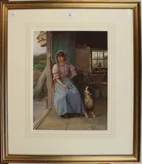 A. D. Bastin, Interior Scene with a Woman seated beside a Dog and Open Door revealing a Landscape, watercolour