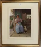 A. D. Bastin, Interior Scene with a Woman seated beside a Dog and Open Door revealing a Landscape, watercolour