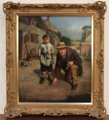 John Wells Smith, Study of a Man and Boy playing Marbles outside a Cottage, oil on canvas