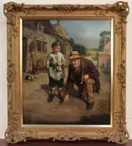 John Wells Smith, Study of a Man and Boy playing Marbles outside a Cottage, oil on canvas