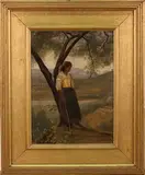 Young Woman leaning against a Tree in a Continental Landscape by Hugh de Twenebrokes Glazebrook, oil on panel, sold Dec 2013