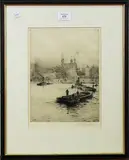 Rowland Langmaid, View of the Tower of London from across the River Thames, monochrome etching