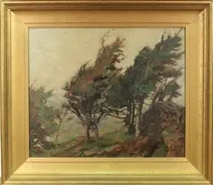 Robert Borlase Smart, View of Wind-blown Trees on a Hillside, oil on board