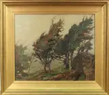 Robert Borlase Smart, View of Wind-blown Trees on a Hillside, oil on board