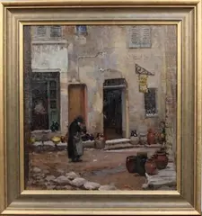 Dora Lynell Wilson, View of a Continental Back Street with Figures and Pots, oil on board