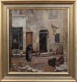 Dora Lynell Wilson, View of a Continental Back Street with Figures and Pots, oil on board