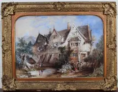 Thomas R. Dibdin, Figures outside a Country House, watercolour with gouache