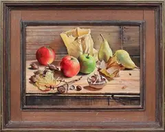 Robert Dumont-Smith, Still Life Study of Apples, Pears and Foraged Items on a Ledge, oil on board