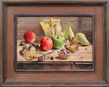 Robert Dumont-Smith, Still Life Study of Apples, Pears and Foraged Items on a Ledge, oil on board