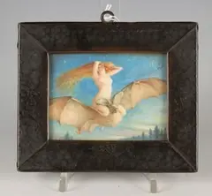 Kenneth Edwin Wootton, Nude Woman flying on a Bat at Night, watercolour