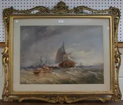 Thomas Sewell Robins, Coastal View with Boats and Barges on Choppy Waters, 1858, watercolour with touches of white
