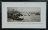 William Lionel Wyllie, Tower Bridge Looking East, monochrome drypoint etching