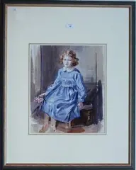 Portrait of a Girl wearing a Blue Dress and holding a Posy within an Interior by Eileen Soper, watercolour over pencil, sold Sep 2013
