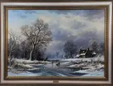 Horst Baumgart, Winter Landscape with Figures skating on a Frozen River, oil on canvas
