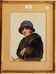 Harold H. Piffard, Portrait of a Young Lady seated wearing a Hat, watercolour and gouache