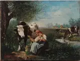 Stefan Simony, Mother and Child feeding a Cow in a Landscape, oil on panel