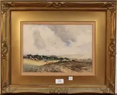 Williams Hyams, Landscape with Cattle and Distant Spire, watercolour over pencil traces