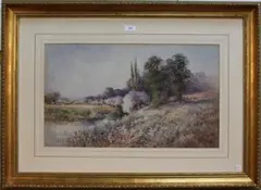 Emily Stannard, Landscape with Sheep on a Riverbank, watercolour