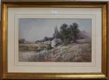 Emily Stannard, Landscape with Sheep on a Riverbank, watercolour