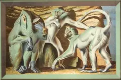 Mandrill and Mangabeys by Hans Feibusch, colour lithograph published by the Baynard Press for School Prints Limited, sold Jun 2013