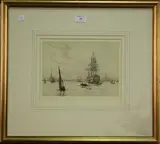 View of the Victory in Portsmouth Harbour by William Lionel Wyllie, monochrome etching, sold Jun 2013