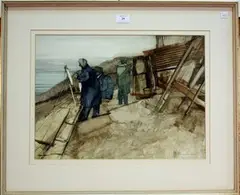 Frederick Donald Blake, Figures painting on a Quayside, watercolour and ink