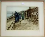 Frederick Donald Blake, Figures painting on a Quayside, watercolour and ink