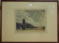 Claughton Pellew-Harvey, Landscape with Windmill, 1913, watercolour and pencil