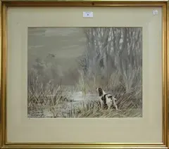 Reuben Ward Binks, A Spaniel putting up a Duck, early/mid-20th Century watercolour with gouache