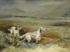 Reuben Ward Binks, English Setters in a Landscape, early/mid-20th Century watercolour with gouache
