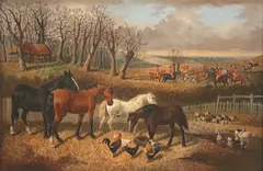 John Frederick Herring, Sr., Horses, Chickens, Ducks and Piglets in an Enclosure, a Hunting Scene beyond, oil on canvas