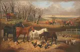John Frederick Herring, Sr., Horses, Chickens, Ducks and Piglets in an Enclosure, a Hunting Scene beyond, oil on canvas