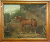 R. Bussey, Study of a Chestnut Horse standing outside a Stable near Two Terriers, 1864, oil on canvas