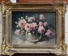 J. Vrancx, Still Life Study of Roses in a Vase, oil on board