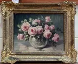 J. Vrancx, Still Life Study of Roses in a Vase, oil on board
