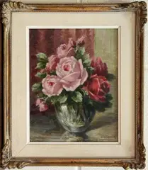 J. Vrancx, Still Life Study of Roses in a Vase, oil on board