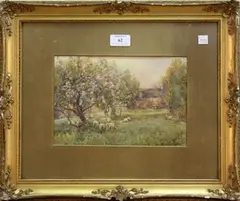 View of Sheep under Blossom Trees, and View of a Girl feeding Ducks outside a Cottage by James W. Milliken, a pair of early 20th Century watercolours with touches of gouache, sold Jun 2013