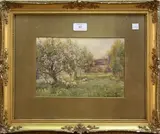 James W. Milliken, View of Sheep under Blossom Trees, and View of a Girl feeding Ducks outside a Cottage, a pair of early 20th Century watercolours with touches of gouache