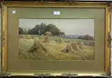 James W. Milliken, View of a Field of Corn Stooks, looking towards a Hay Cart, watercolour