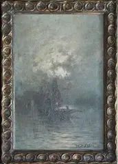Albert De Vos, Coastal View with a Fisherman in a Boat, oil on canvas