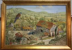 David Barber, Kestrel above a Farmstead within a Downland Landscape, oil on canvas